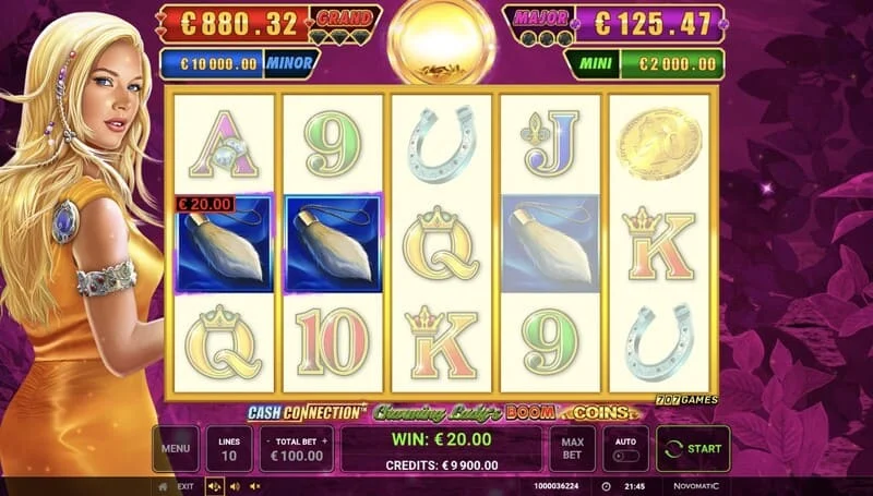 Cash Connection - Charming Lady's Boom Coins - βασική οθόνη με κέρδος γραμμής