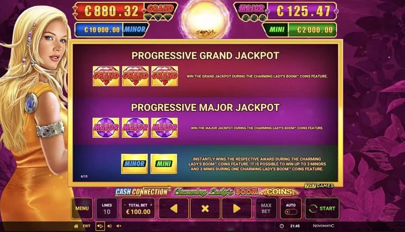 Cash Connection - Charming Lady's Boom Coins - πίνακας Jackpot Mini, Minor, Major και Grand