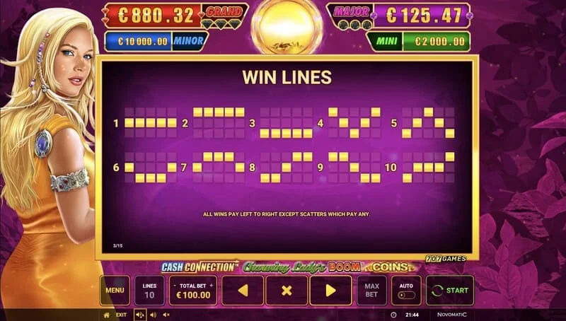 Cash Connection - Charming Lady's Boom Coins - γραμμές πληρωμής και Wild Charming Lady